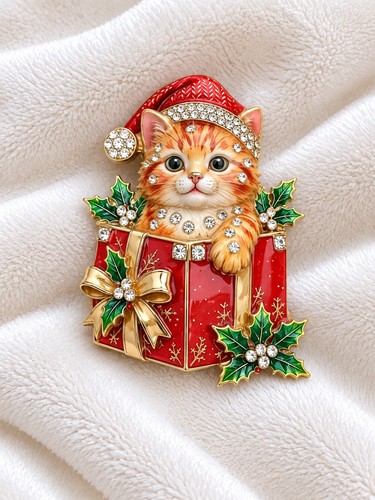 Christmas ginger cat brooch - christmas,